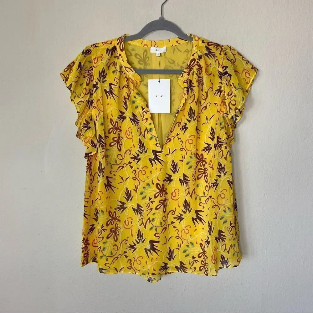 NWT A.L.C. Birds of Paradise 100% Silk Yellow Top Blouse Floral Size M